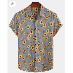 Mens Striped & Floral Sunflower Print Short Sleeve Hawaiin Shirt Small